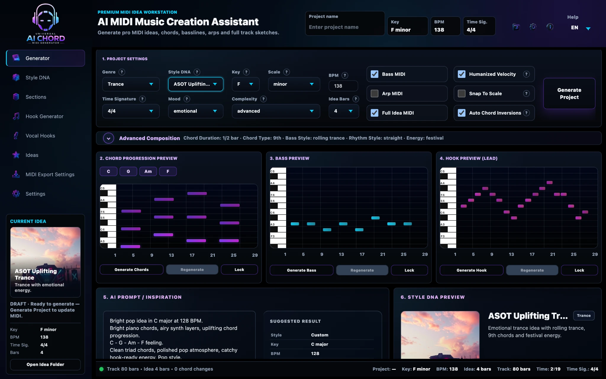 Generator dashboard in the Universal AI Chord MIDI Generator