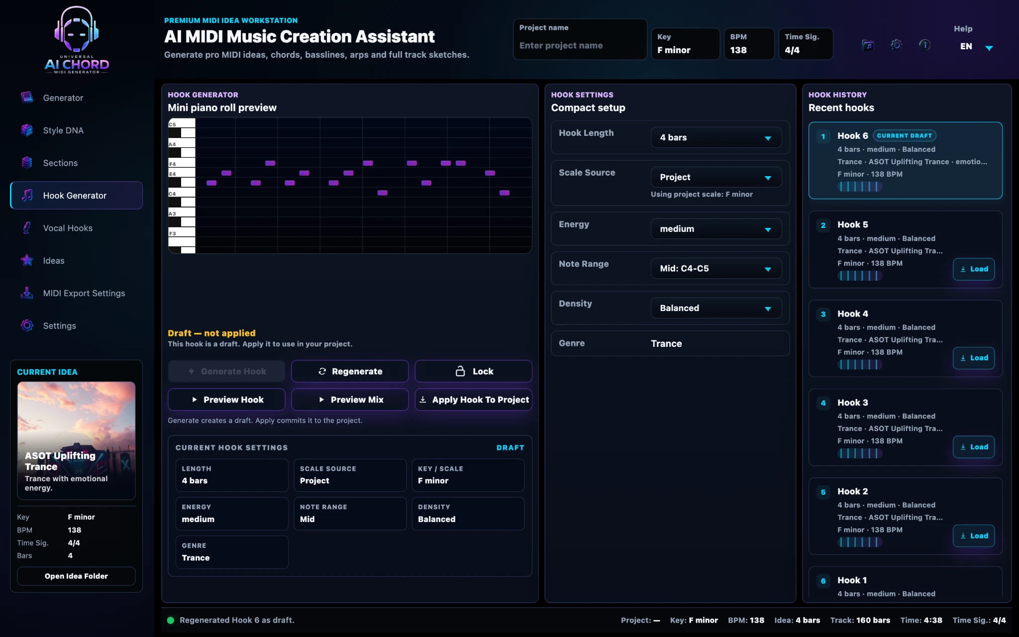 Hook Generator piano roll and settings