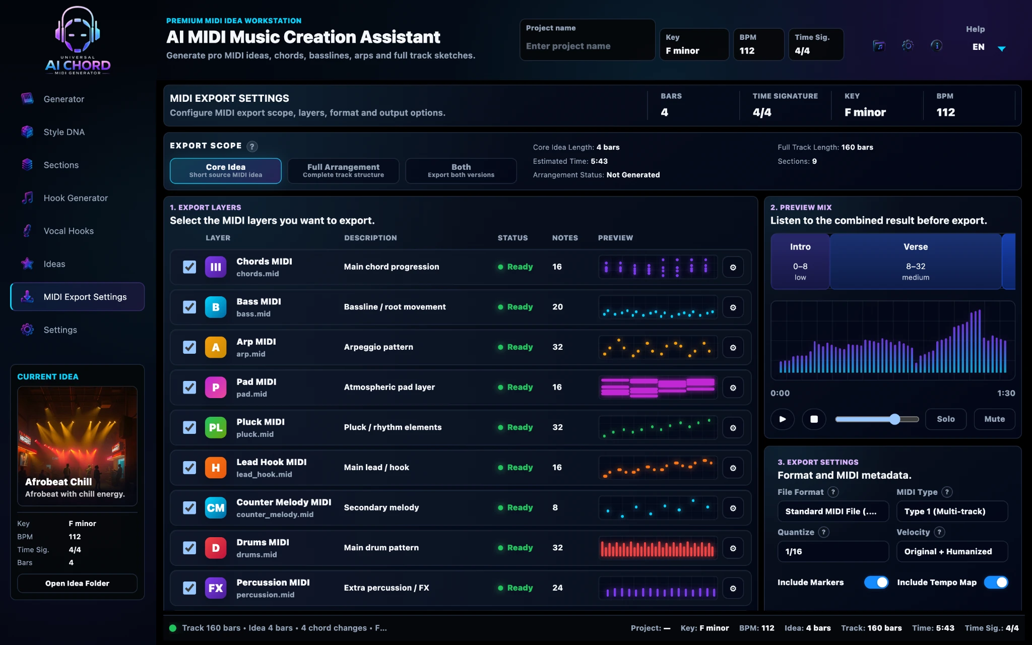 Professional MIDI Export dashboard